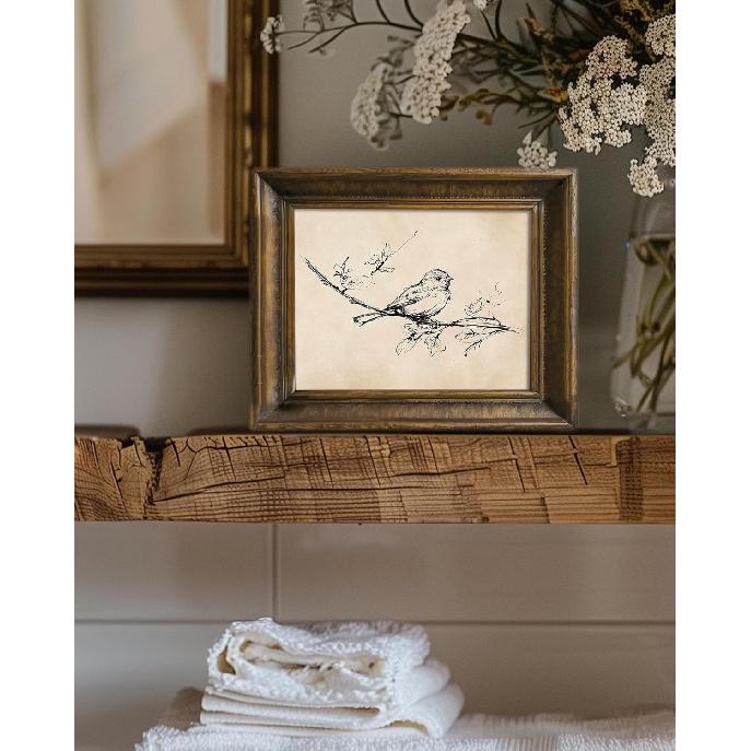 Vintage Bird on Tree Branch Sketch Wall Art Decor Minimalist Drawing Canvas Prints Wall Decor Neutral Line Art Farmhouse Style Wall Decor for Gallery