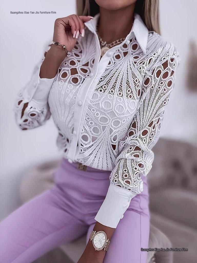 2026 Women's Lace Hollow Long Sleeve Shirt - Versatile Spring/Autumn Fashion