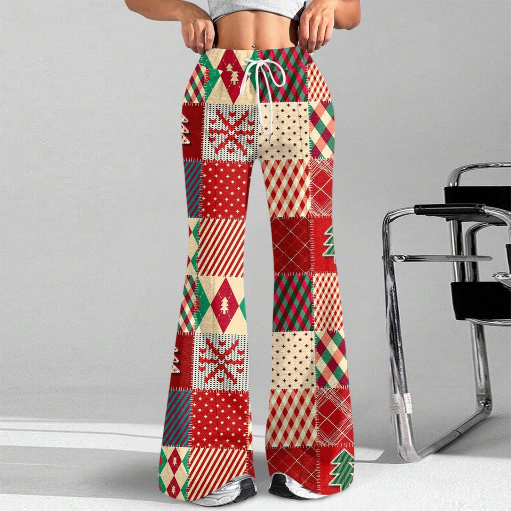 Women's Fashion Loose Drawstring Waist Christmas Plaid Printed Casual Sports Pants Casual Flared Pants