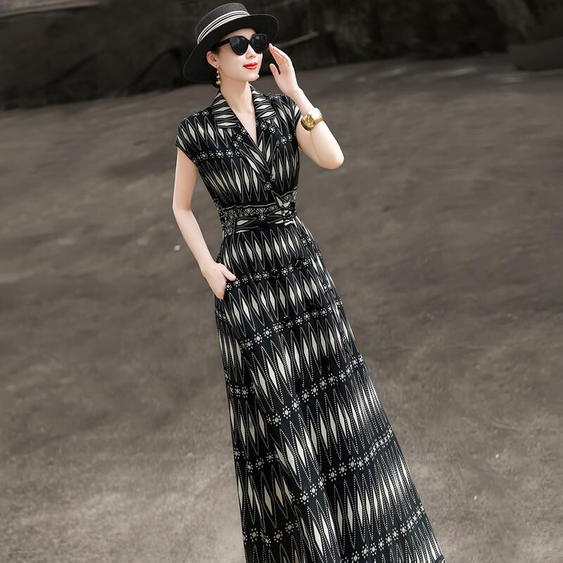 Elegant Color Block Diamond Lapel A-line Dress M