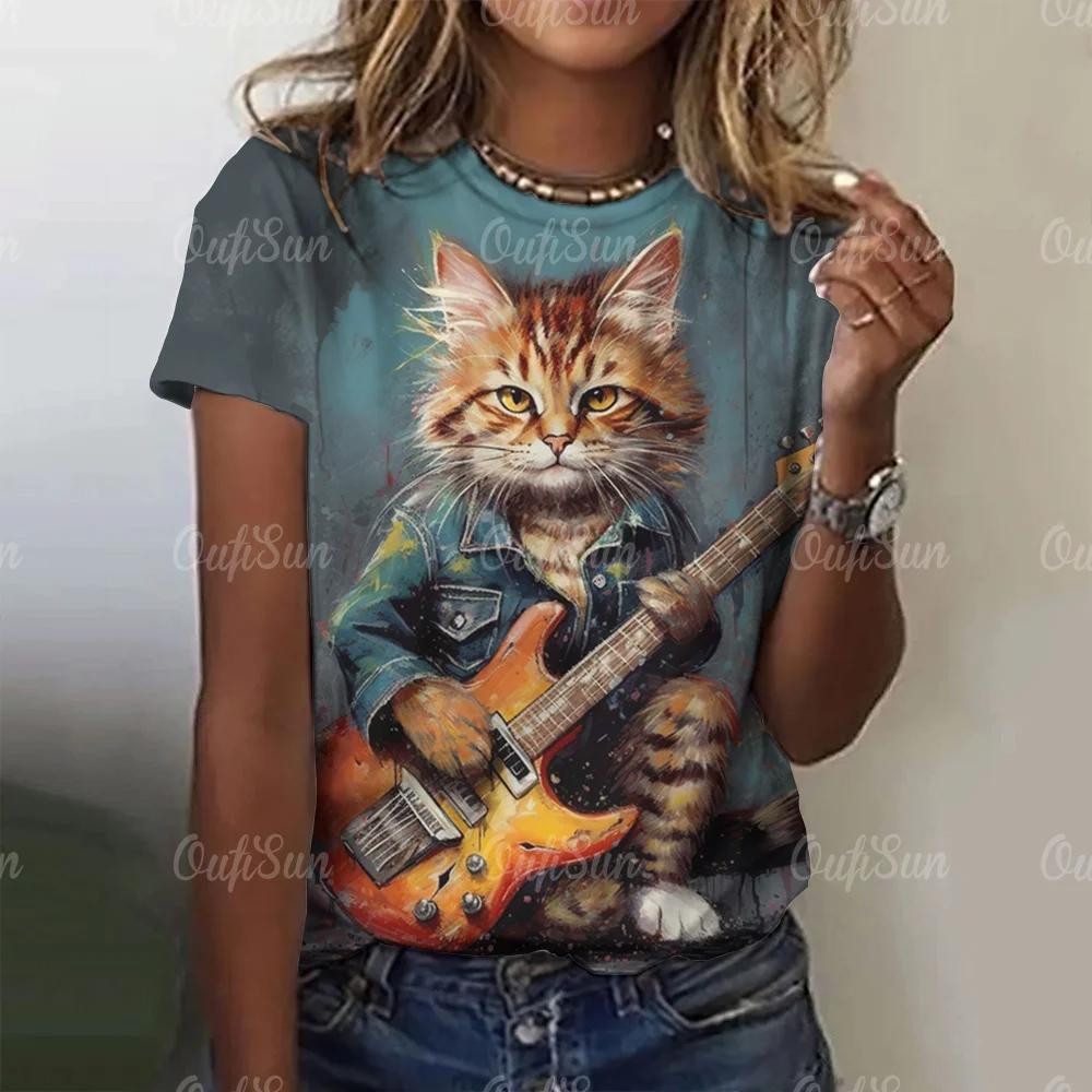 New Summer Women 3D Cool Rock Cat Printing T-Shirt Fashion Trend Tops Tees Ladies Casual Short Sleeve Clothing Y2K Streetwear
