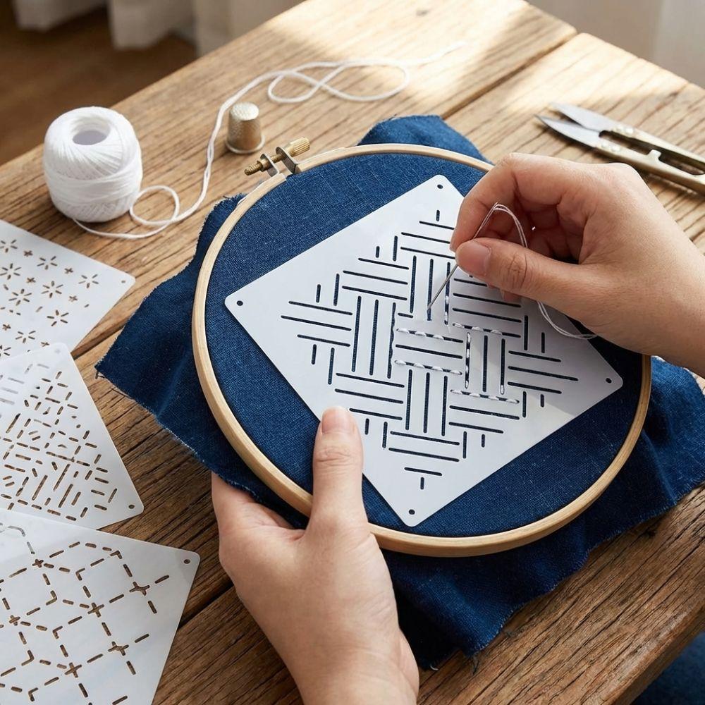Kit di 30 stencil Sashiko con motivo geometrico, stencil riutilizzabile per patchwork, forniture per riparazioni