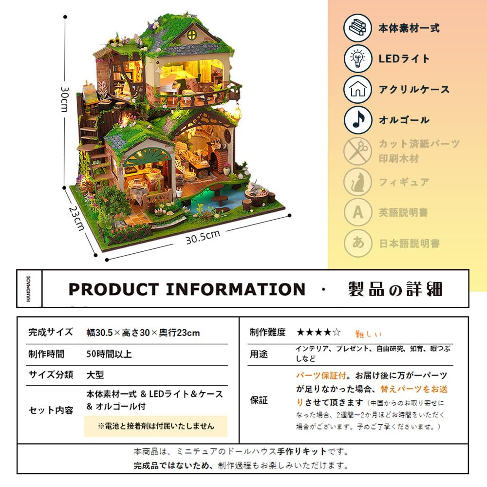 moin moin Dollhouse Miniature DIY Kit Set Scale Beginner Fairy Tale Forest Villa Magic Nursery Rhyme Large Diorama Treehouse Green Animal LED Light