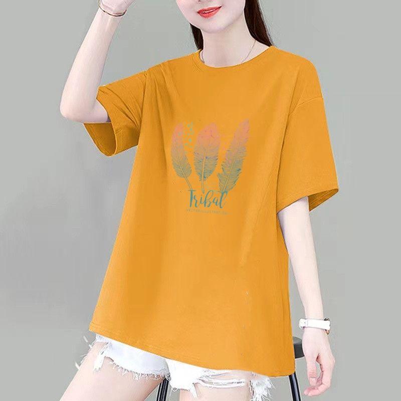 Cotton Casual Feather Pattern T-shirt Women Summer New O-collar Short Sleeve Slim Mid Length Version Loose Lady All-match Top