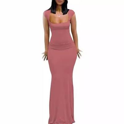 Damen Sommer Ärmelbedecktes Quadratkragen Elegantes lässiges langes figurbetontes Abendkleid
