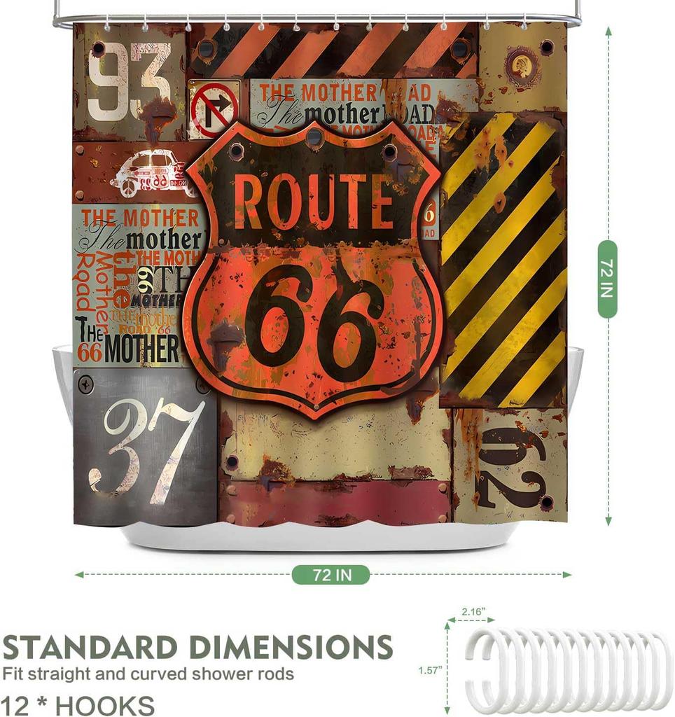 American Road Sign Highway Shower Curtain For Bathroom Decorative Shower Curtain, Retro With 12 Hooks 180X180Cm