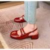 New Classic Red Mary Jeans Woman Patent Leather Med-High Heels Sandals Two Buckle Strap Shoes Femme Slingback Shoe Zapatos Mujer