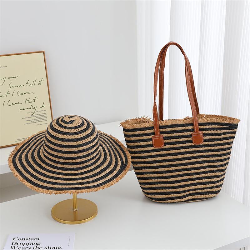 Straw Hat Bag Set Stylish Commuter Premium Striped Wide Brim Beach Hat Outdoor Sunscreen Hat Ladies