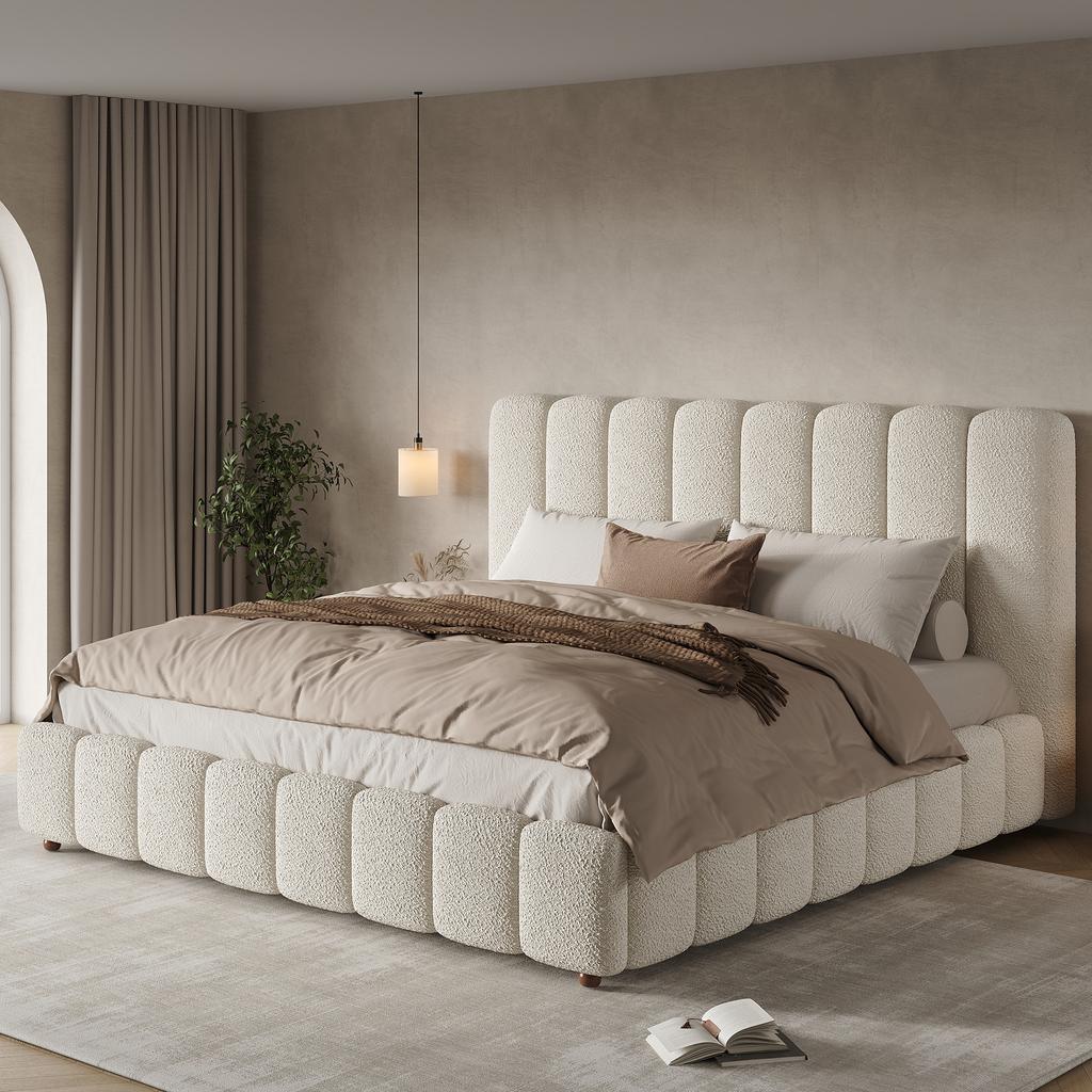 Upholstered Bed, Double Bed, 180*200cm, Bed with Slatted Frame and Upholstered Headboard, Solid Wood Legs, White Bouclé