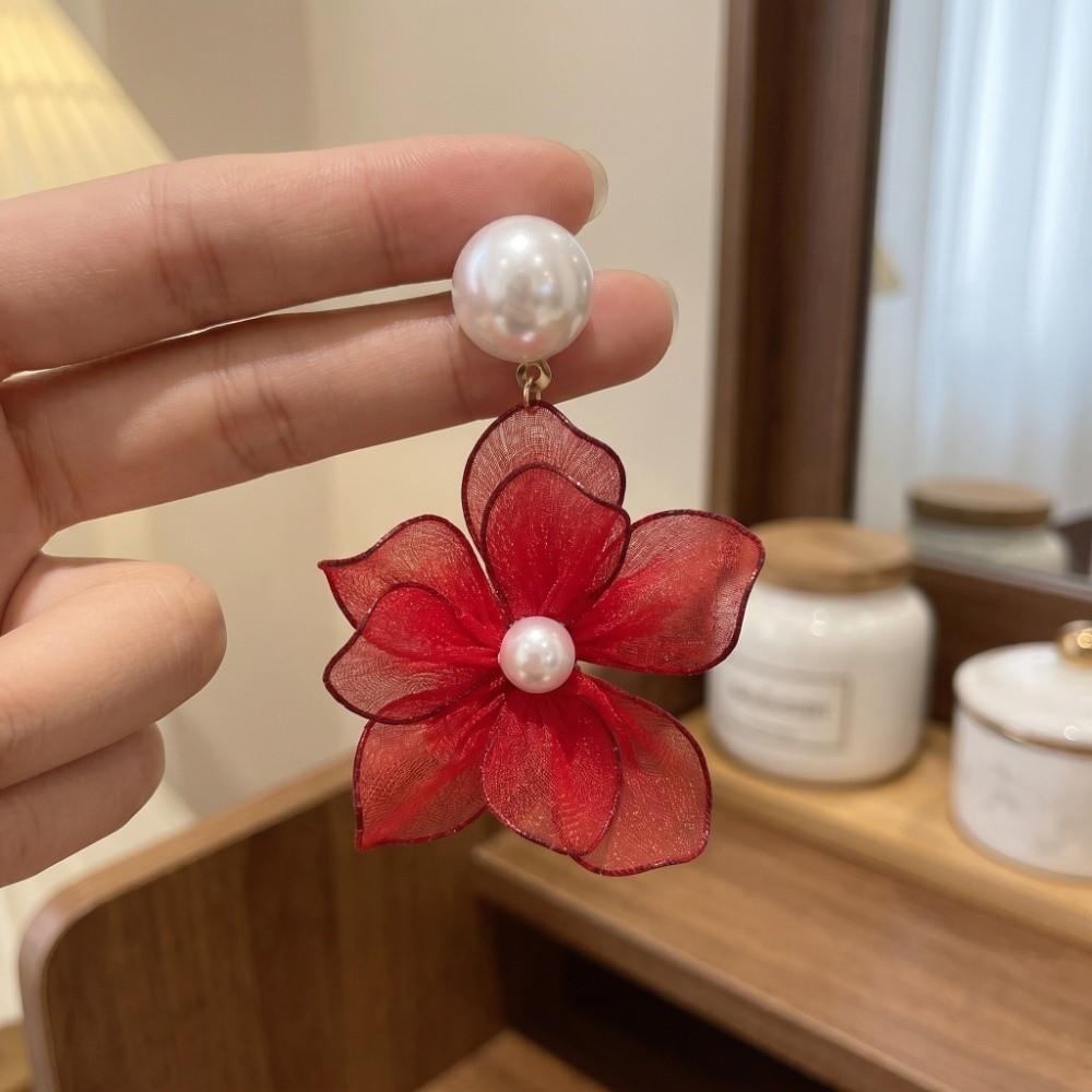 Sweet Mesh Flower Dangle Earrings Pearl Petals Stud Earrings Exquisite Beach Earrings Seaside