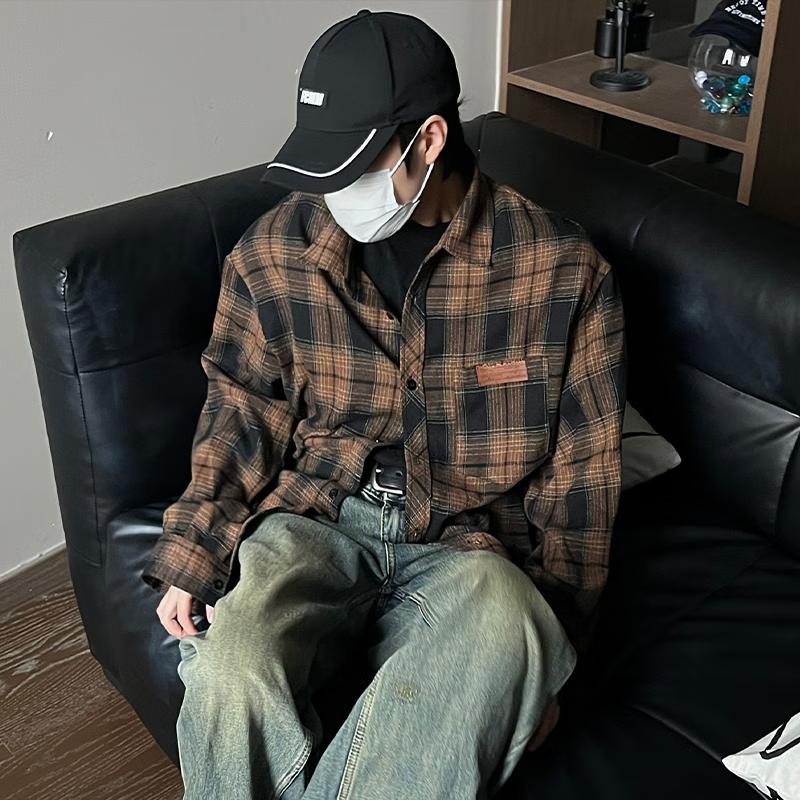 Homlean American Retro Plaid Shirt for Men, Spring And Summer Hong Kong Style Loose Casual Long-Sleeve Shirt Jacket HL09 Coffee Plaid 5XL
