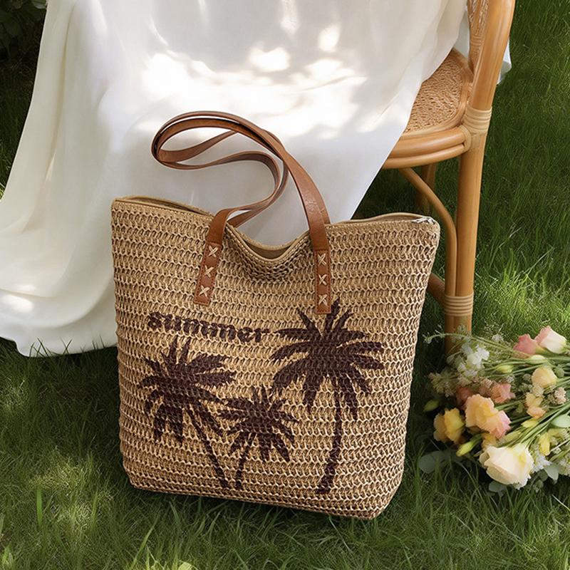 

Yogodlns Summer Large Capacity Straw Beach Women s Tote Bags Coconut Tree Pattern Handbag Leather Strap Beach Shoulder Bag 31x13x37cm хакі