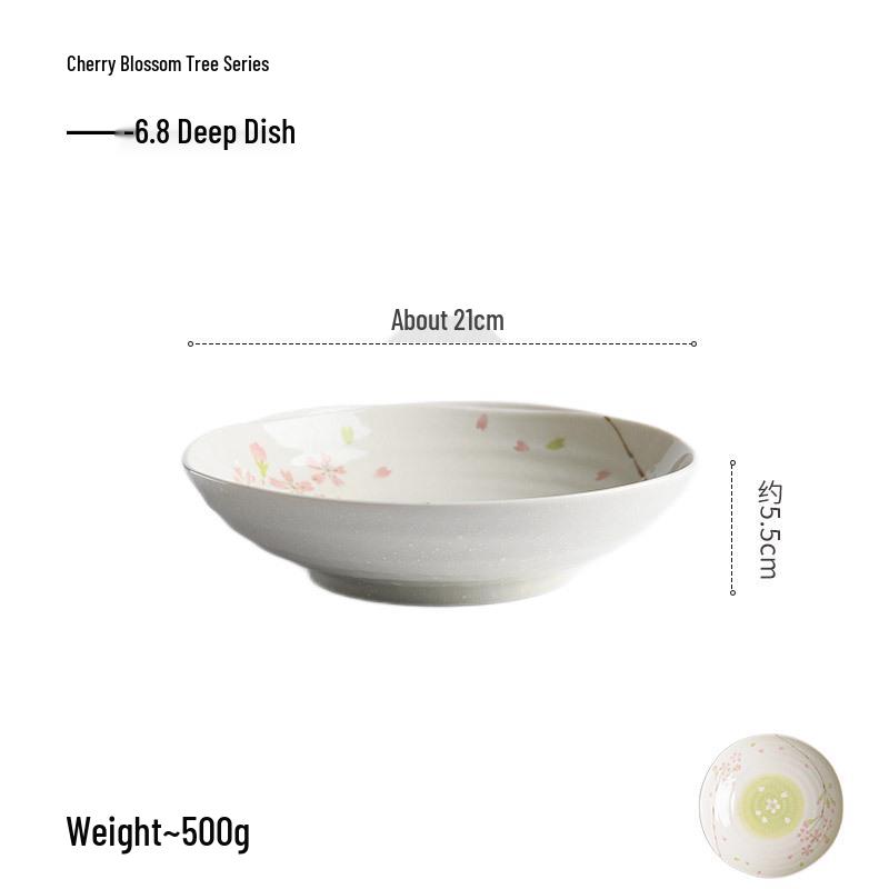 Cherry Blossom Ceramic Bowl & Plate Set: Includes Rice Bowl, Soup Bowl, Large Plate, Dish Plate, and Large Noodle Bowl - Japanese Imported.
