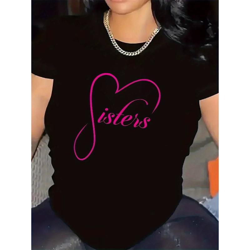 Europäische Größen Damen Schwarz-Weißes Polyester-T-Shirt mit Rosa Herz-Print - „Sisters“-Design, Lässiger Rundhalsausschnitt, Bequem & Langlebig