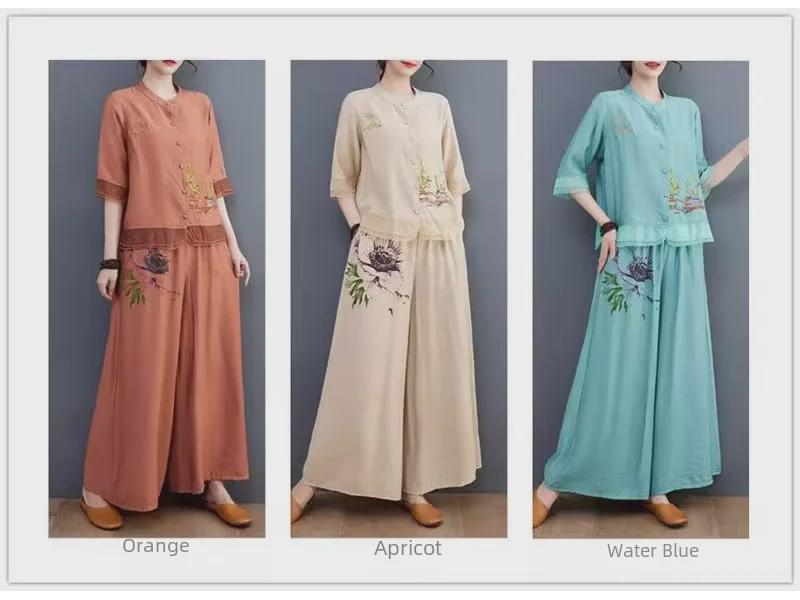 Costum de vară elegant din două piese: Top din bumbac-in brodat cu pantaloni largi pentru femei de vârstă mijlocie