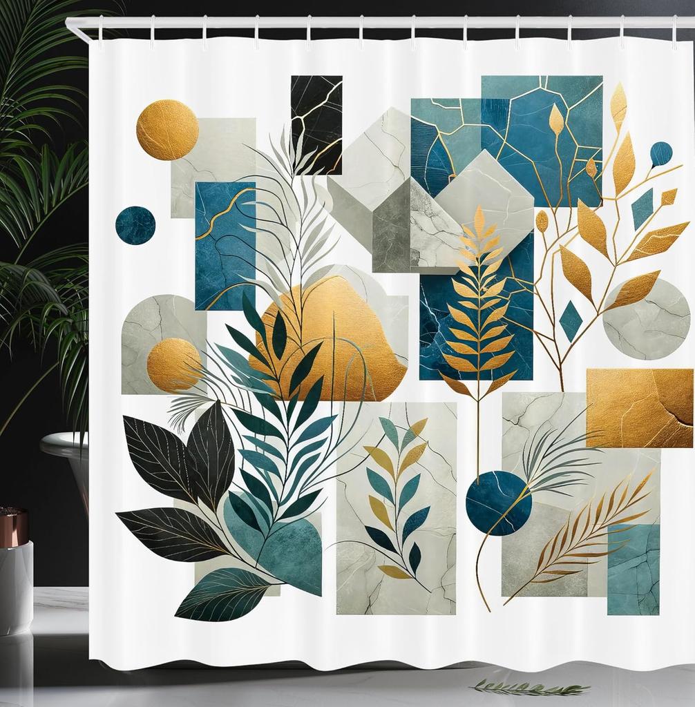 Aesthetic Boho Shower Curtain, Bold Exotic Leaves In Warm Tones, Rustic Burnt Orange Teal Blue, Fabric Set With Hooks