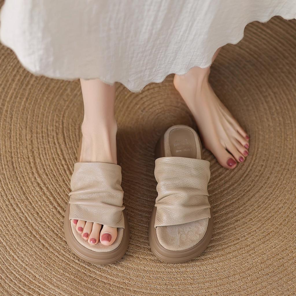 Summer Oxygen~ Minimalist Thick Bottom Folded One-Flip Round Head Open-toed Slippers Women's Premium Sense Skirt Cool Slippers