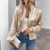 Women's Stand Collar Long Sleeve Slim Fit Elegant Style Solid Color Metallic Zipper Bomber Short Jacket