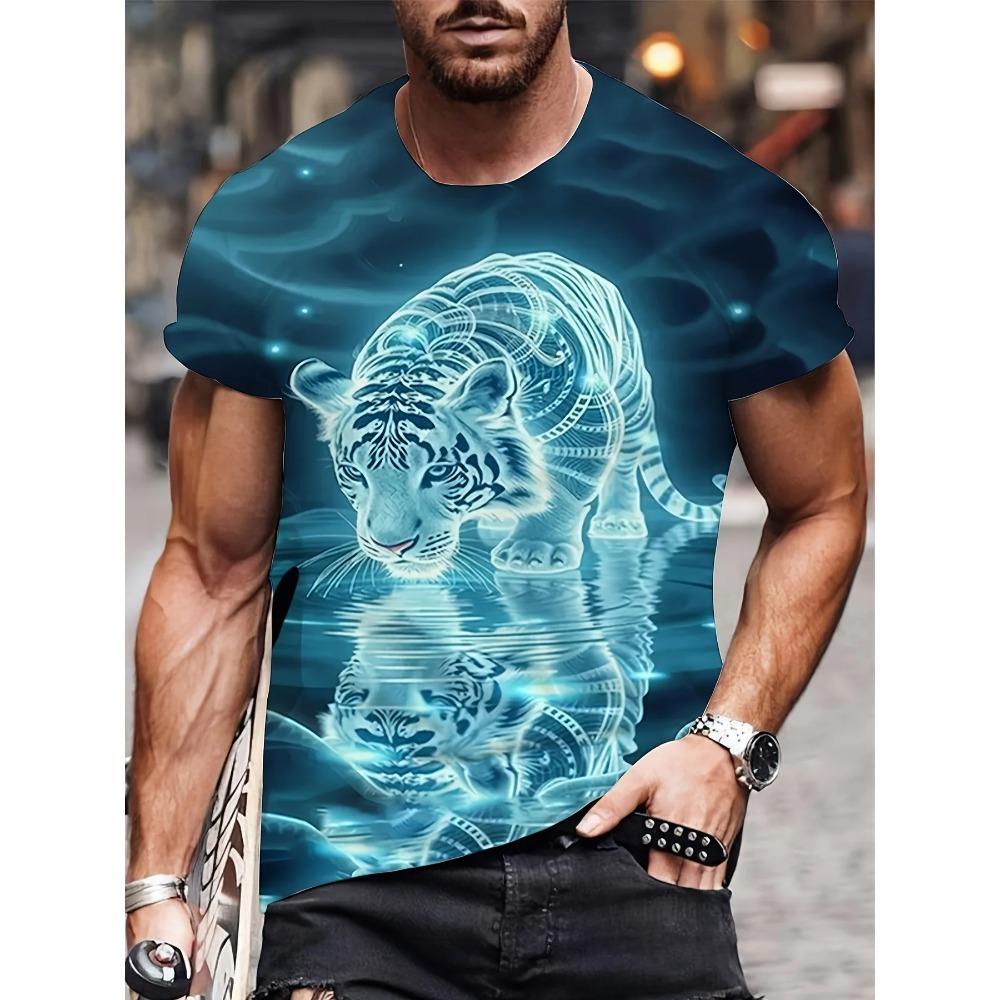 Tiger 3D-Druck T-Shirt Herren Kurzarm Mode Rundhals Bequem Große Größe Locker Lässiges T-Shirt