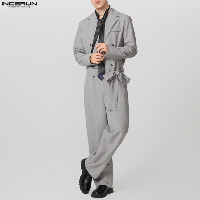 

INCERUN Мужской комбинезон с длинным рукавом, двубортный, с поясом, повседневный, длинный, на молнии 5XL серый
