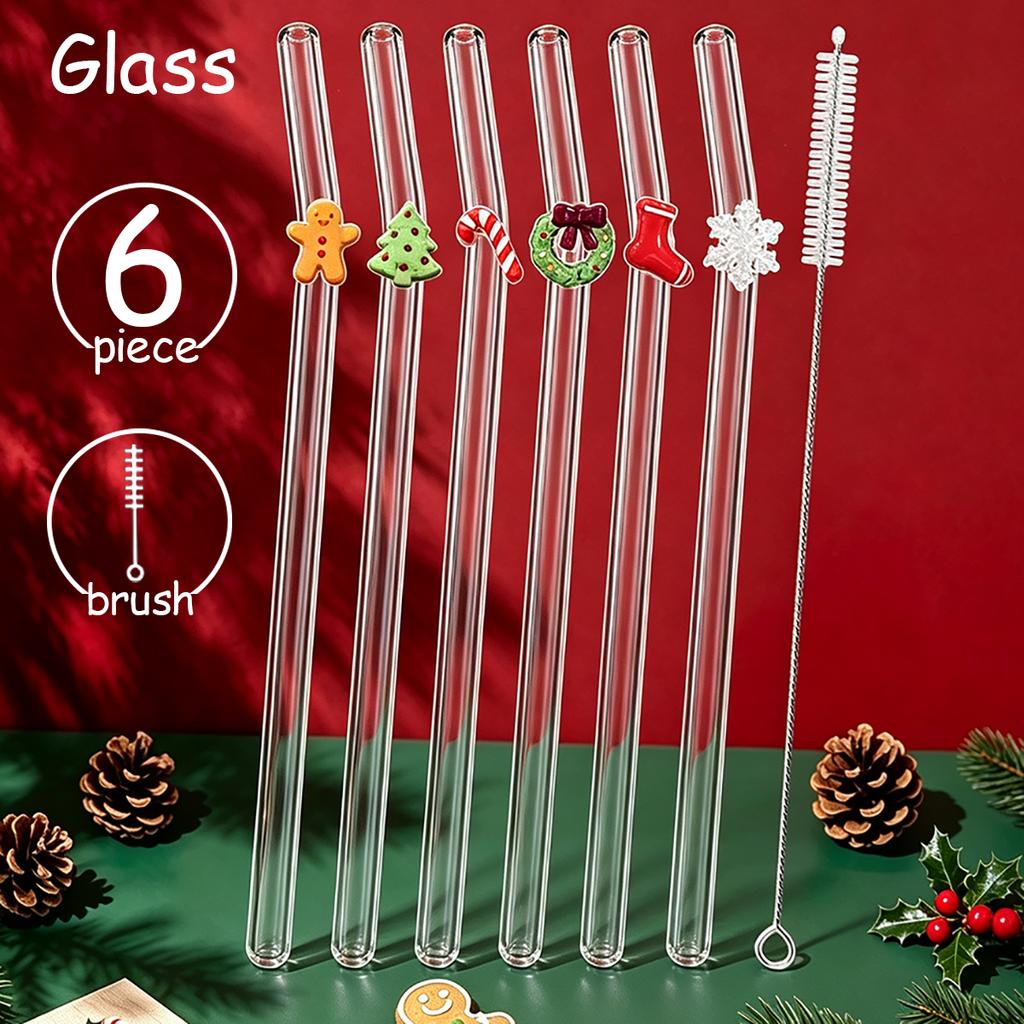 6pcs Christmas Glass Straws Set with Brush Reusable Glass Straw Suitable for Milkshakes Juices Coffee Kitchen Bar Accessories
