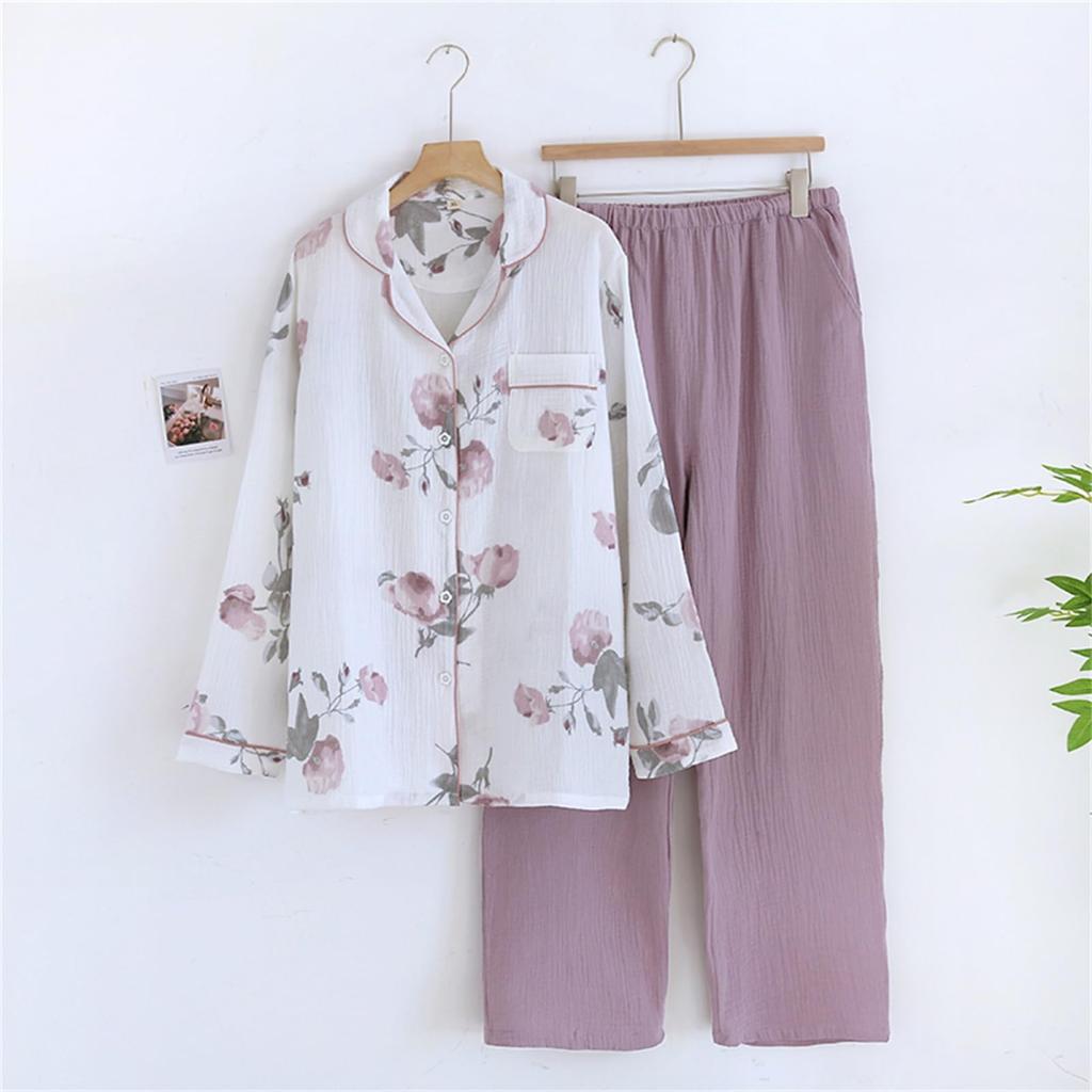 Kyonuza Cotton Loungewear for Spring and Solid Gauze Simple Long Relaxed Day x Purple Women's 100% Pajamas, Open-Front Autumn, Color, Fabric,