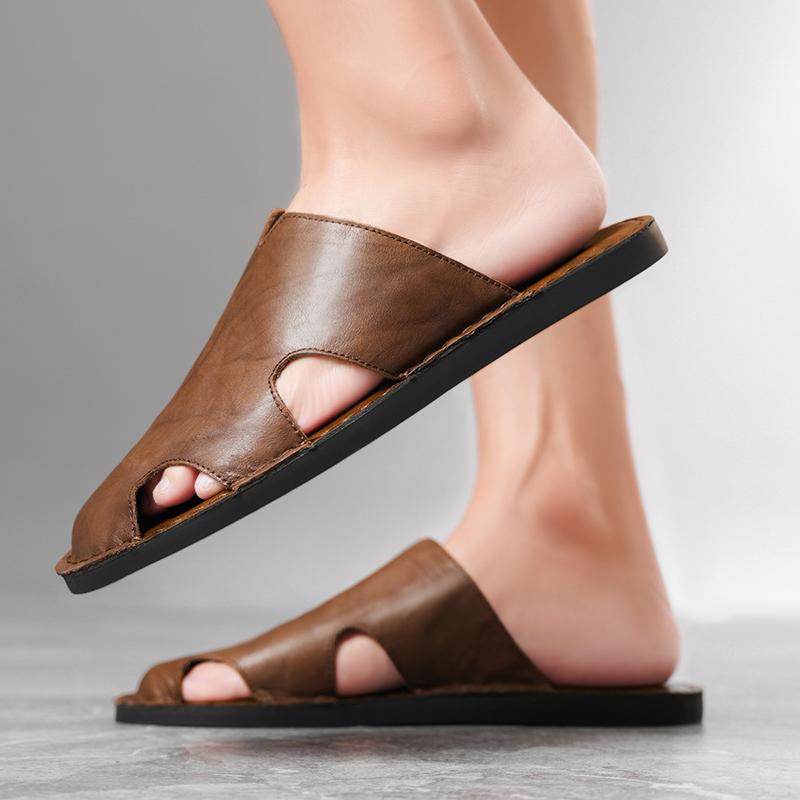 Men Slippers Handmade Simple Flats Brown Leather Sandals Black Summer Roman Sandals Closed Toe Beach Shoes Plus Size
