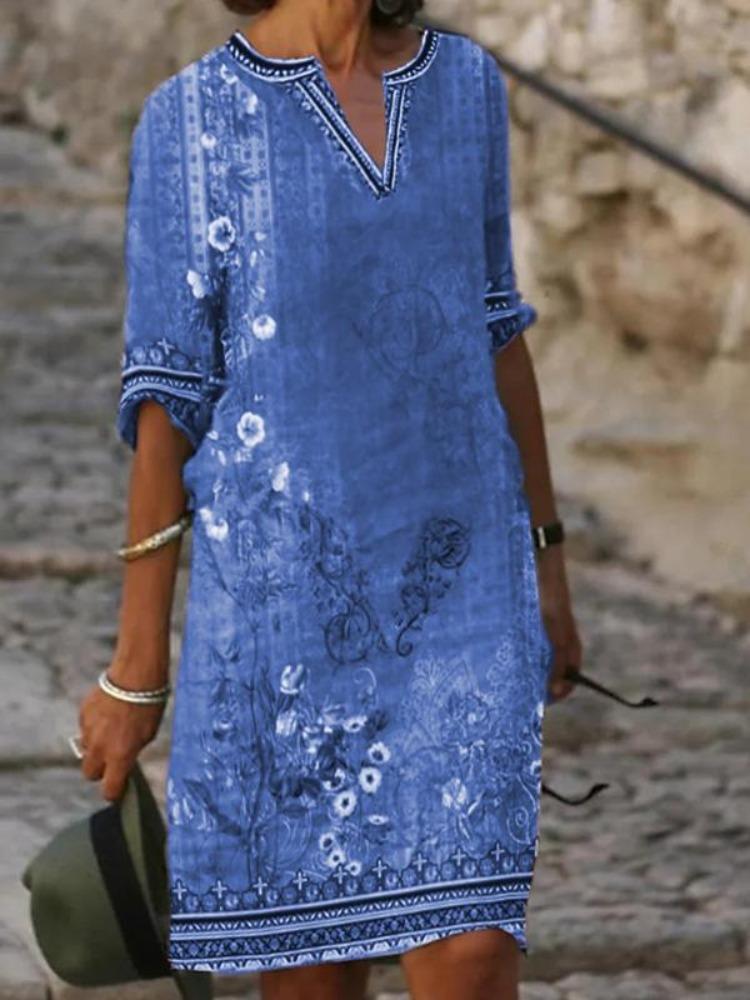 New Spring Summer Fashion Women Ethnic Style Printed V Neck Casual Dress