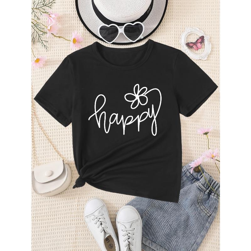 

European sizes Fashionable And Versatile T-Shirt with a Happy Letter And Floral Print for Girls 98cm чёрный