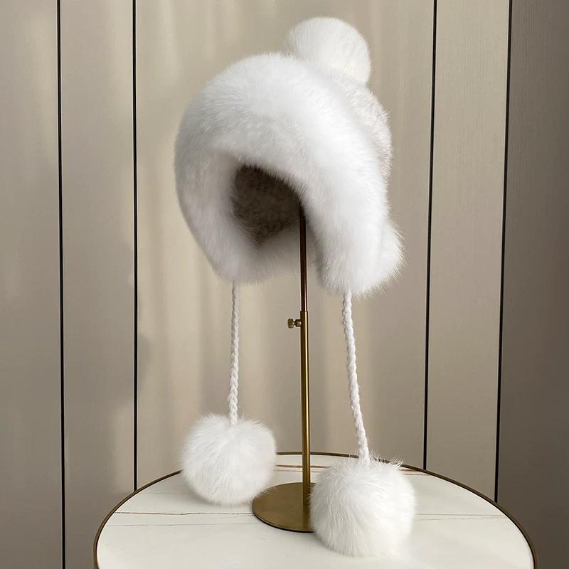 New Winter Warm Mink Hair Woven Fox Hair Ear Protection Fur Hat Female Cute Real Hair Ball Snow Hat