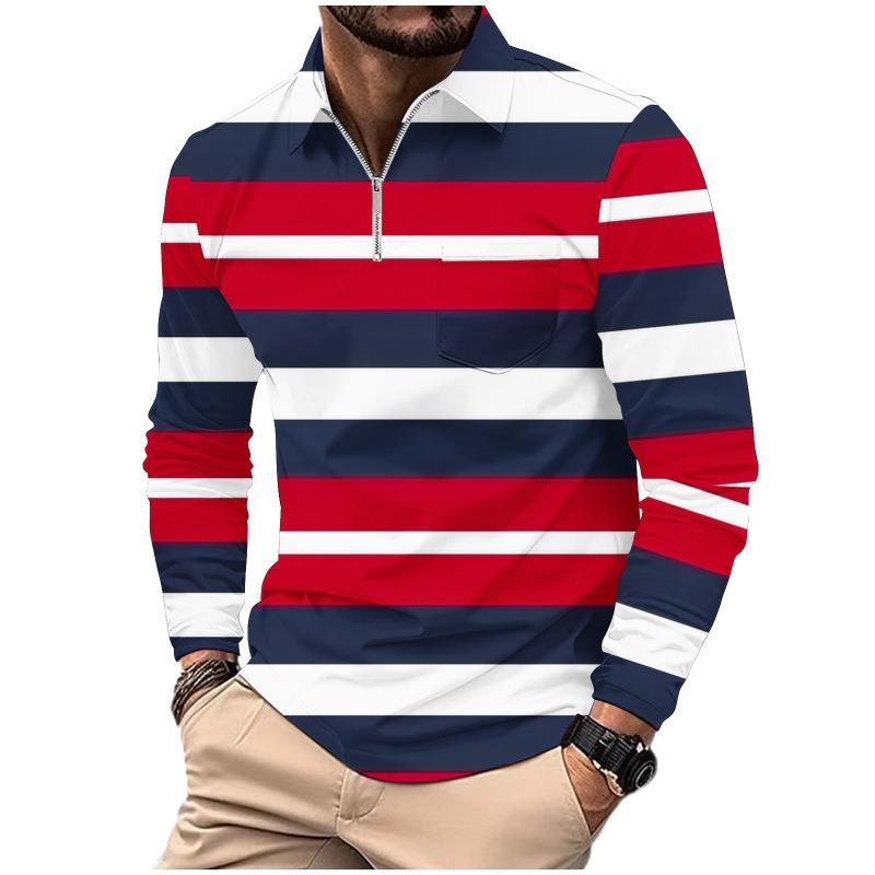 Men's Printed Polo Shirt with Zipper Pocket Sports Long Sleeved Polo Shirt
