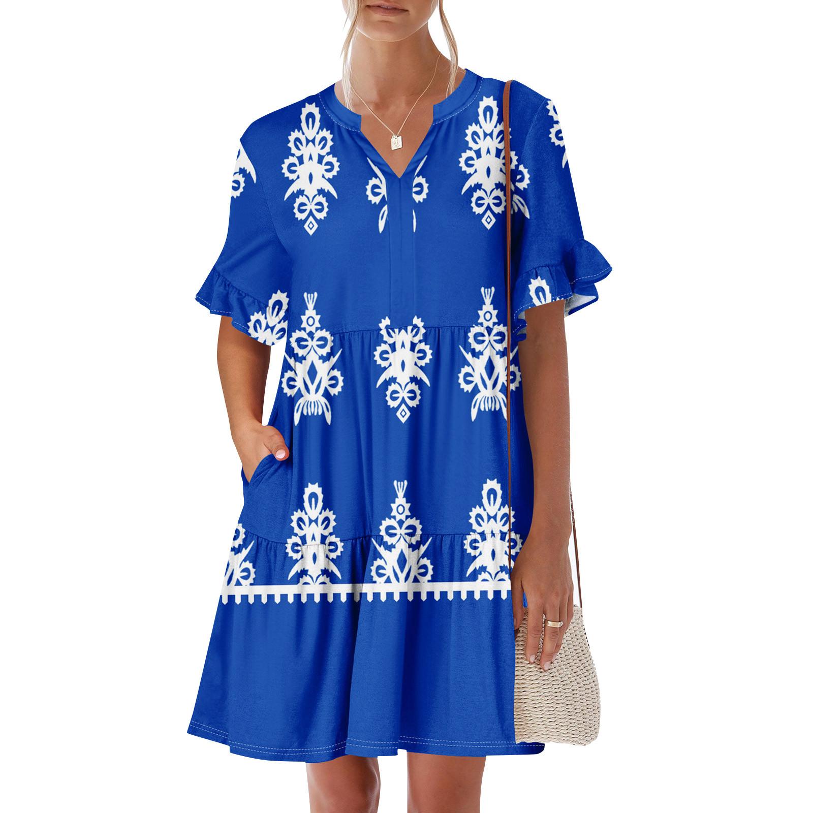

Womens Summer Dress Short Sleeve V Neck Short Dresses Fashion Casual Flowy Boho Ruffle A Line Swing Sundress With Pockets XL