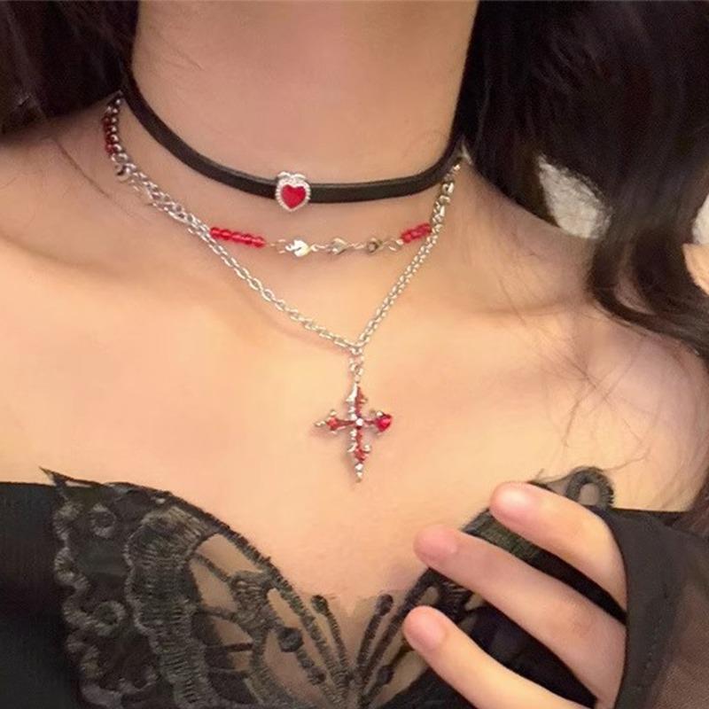 Vintage Black Cross Pendant Adjustable Necklace for Women Men Multi Layer Chain Stacking Choker Clavicle Chain Jewelry Gift