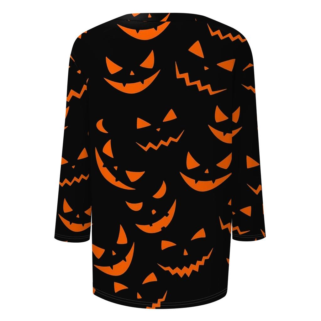 Damen Freizeit V-Ausschnitt Oberteil Halloween-Print Dreiviertelärm Leicht Bluse Lockerer Schnitt Pulloverhemd für die Herbstsaison