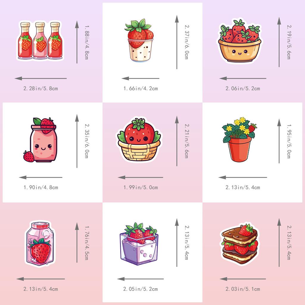 50 BUC Autocolante Drăguțe cu Căpșuni, Autocolante de Desene Animate cu Fructe și Deserturi cu Inimioare Fetișcane pentru Decorațiuni Personalizate