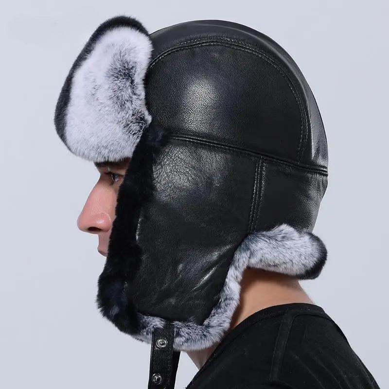 Winter Bomber Hat Men Ushanka Thick Warm Russia Rabbit Fur Trapper Ear Hat