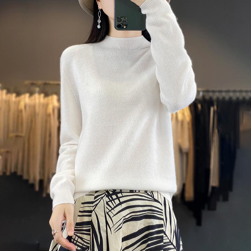 Women's Pure Wool Half-High Neck Sweater - Loose Fit Knitwear for Autumn and Winter