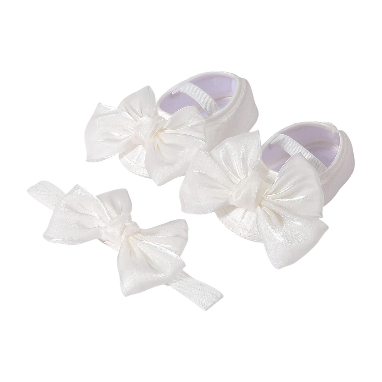 

Baby Learning Shoes With Soft Sole, Bowknot, Glue, Non- Mesh, Solid Color Shoes + Hairband 11 белый