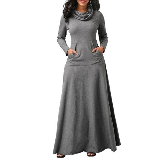 Plus Size Autumn Women Solid Color Cowl Neck Long Sleeve Maxi Dress with Pockets