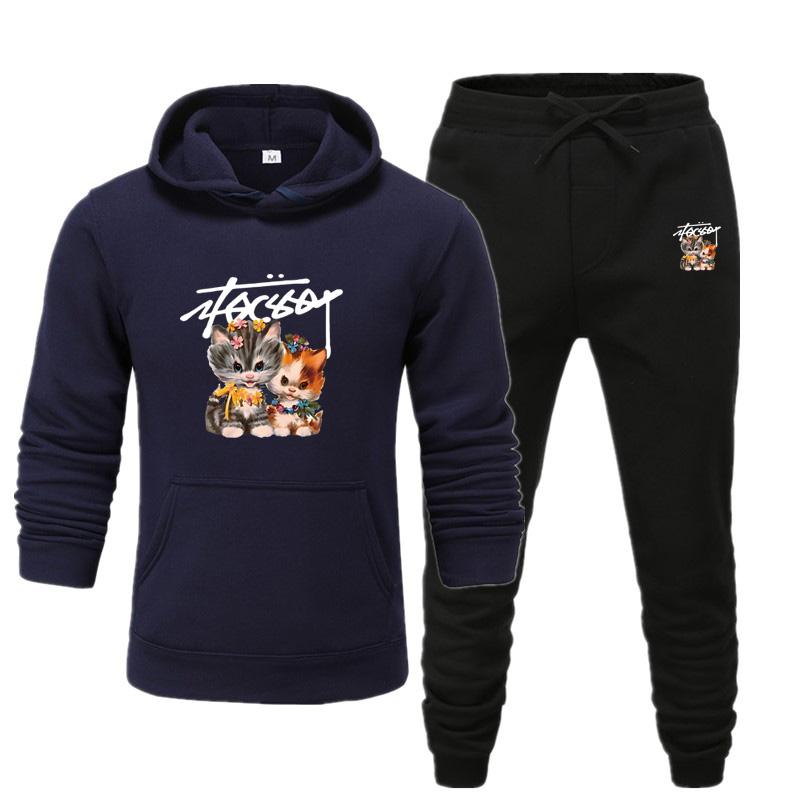 Men's and Women's New Autumn and Winter Plus-size CARTOON CAT Printed Hooded Sportswear Casual Sportswear Set