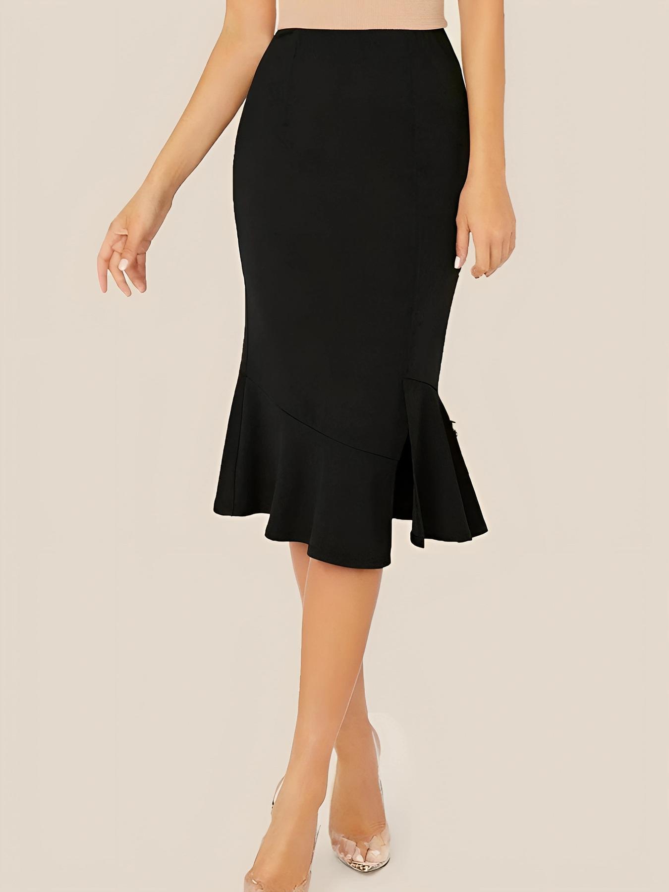 Plus Size Women s Elegant Bodycon Fishtail Midi Skirt with Ruffled Slit Design 5XL