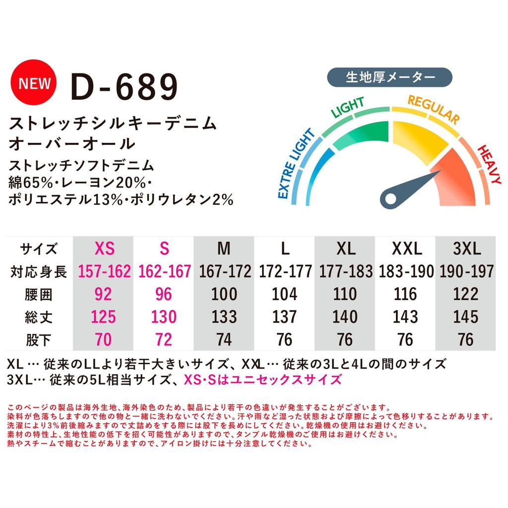 Dickies Denim Work Dickies Pro Uni Sticker Size L D-689 Overalls, Stretch, Casual, Year-Round, CO-COS Included, 31. Indigo,