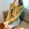 Spring and Autumn Korean Scarf Neck Bow Splice Lace Shirt Women's Foreign Versatile Slim Bottom Shirt