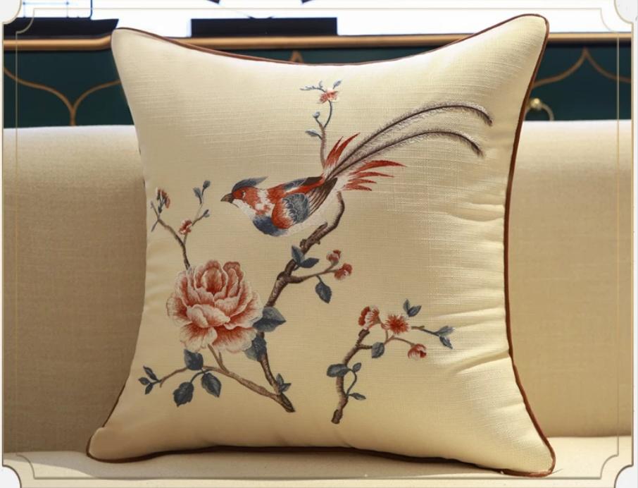 Chinese Style Embroidery Throw Pillow Cover Yellow Linen Cushion Cover with Peony & Bird Pattern for Sofa Home Decor