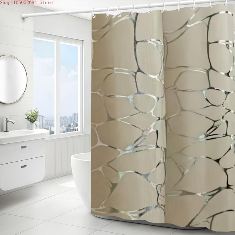 1Pc Veined Silvery Bath Curtain Matching Hooks- With Hooks Waterproof Mildew Proof Easy Install Washable