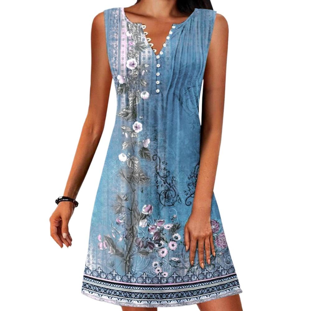 HNXC Damenmode Sommer Blumendruck Ärmellose V-Ausschnitt Freizeitkleider