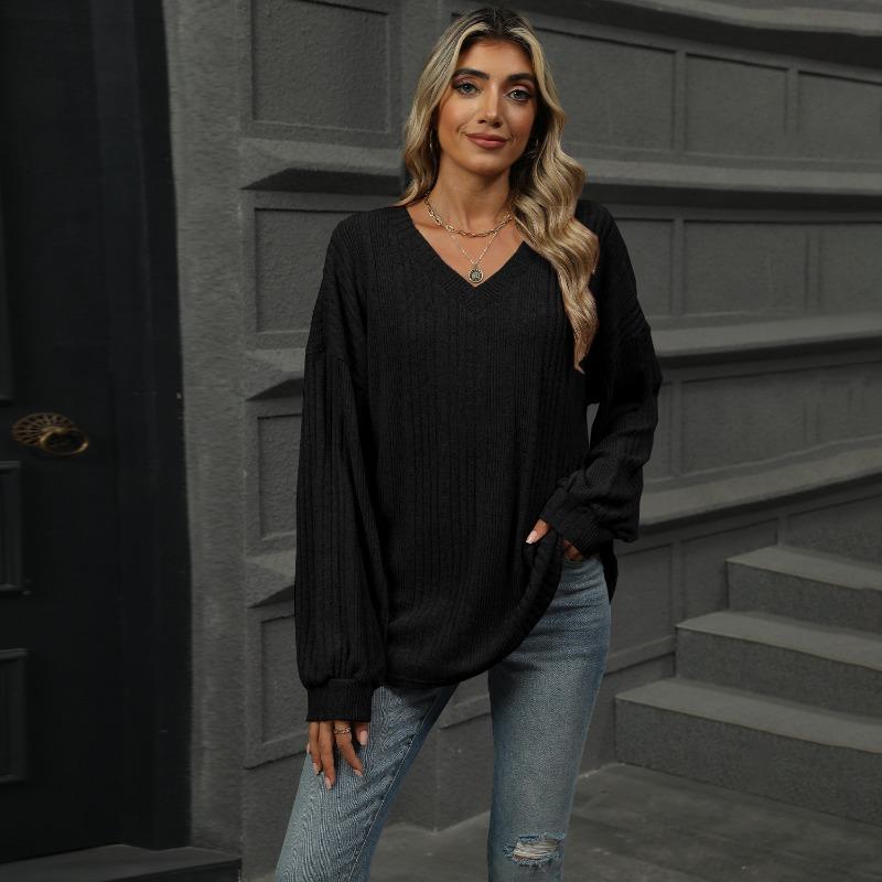 Autumn and Winter V-neck Loose Casual Long Sleeved T-shirt Women Fashion Elegant Simple New Solid Color Top Office Shirt Women's Clothing