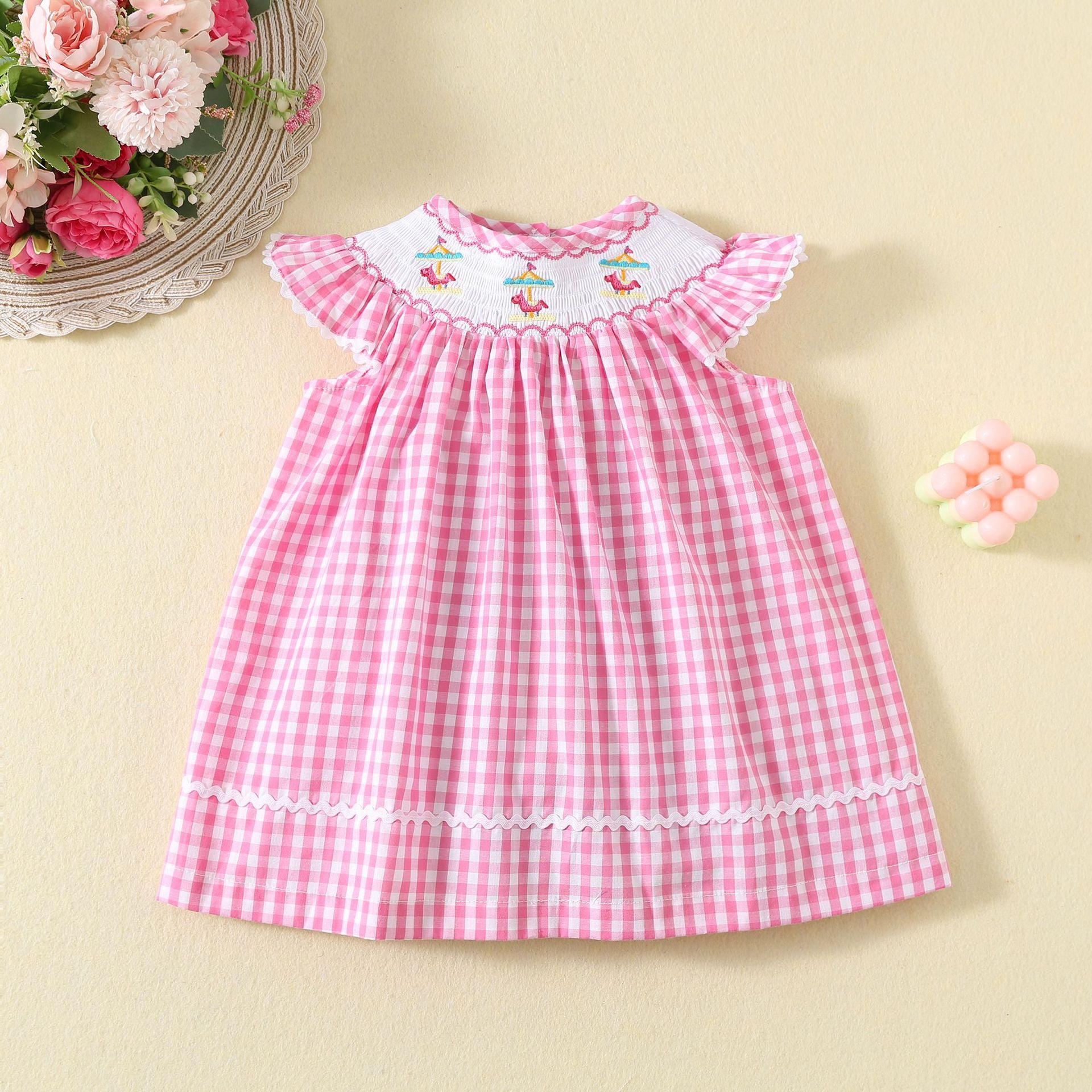 Girls Summer Pink Plaid Shirred Dress Cute Embroidered Cotton Flutter Sleeve Princess Dress for Kids 80cm