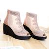 Women's Wedges Real Leather Mesh Rhinestone Cool Boots Spring Summer Thick Sole Non Slip Light Peep Toe Sandal High Heel Sandal