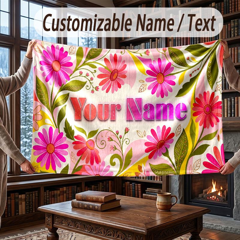 Floral Garden Theme Throw Blanket Custom Name Text Personalized Blanket Soft Cozy Blanket for Home Sofa Bed